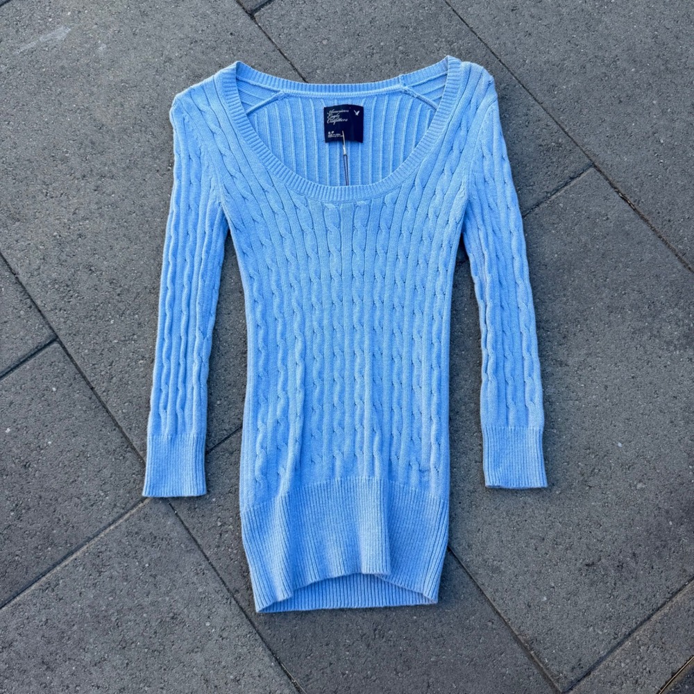 American Eagle Light Blue Cable Knit Scoop Neck Tunic Sweater Womens Small